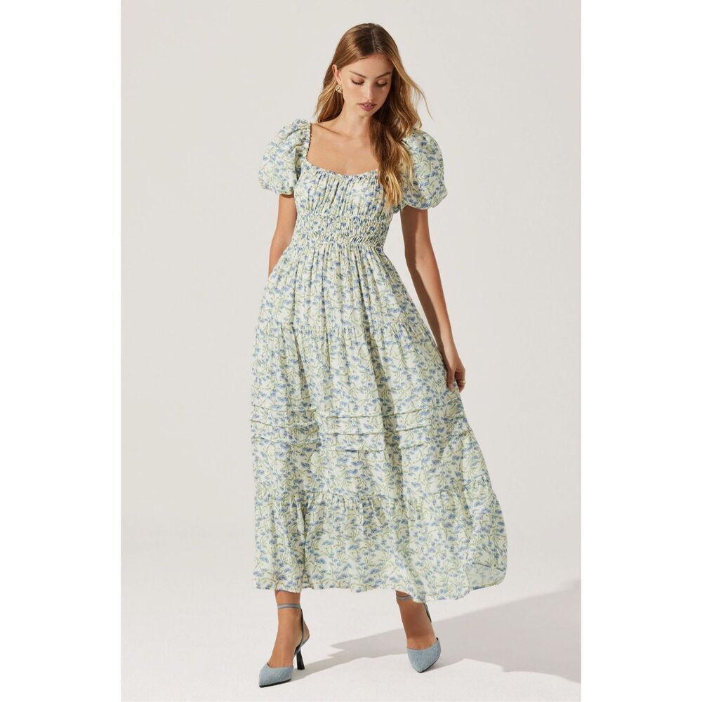 Astr the Label Florentina Light Blue and Green Floral Maxi Dress Sz L